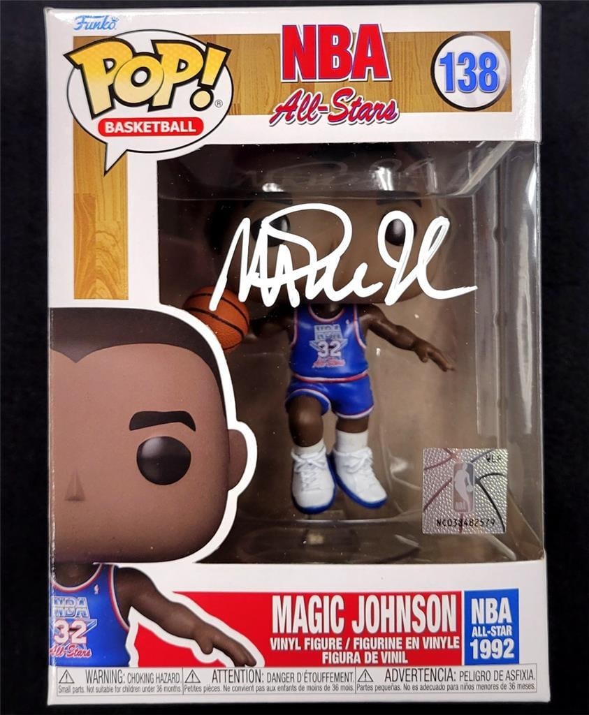 Magic Johnson Signed Funko Pop! 1992 NBA All-Star Lakers Beckett Authenticated: Magic Johnson Signed Funko Pop! 1992 NBA All-Star Lakers Beckett Authenticated This collectible features a Magic Johnson signed Funko Pop! from the 1992 NBA All-Star game, showcasing the iconic Lakers
