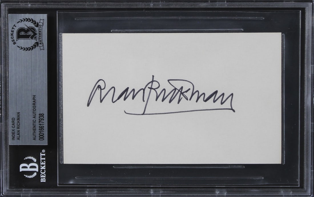 Alan Rickman Signed 3x5 Index Card Beckett Authenticated Die Hard Slab: Alan Rickman Signed 3x5 Index Card Beckett Authenticated Die Hard Slab This 3x5 index card has been personally signed by Alan Rickman from Die Hard. The autograph is authenticated and encapsulated by 