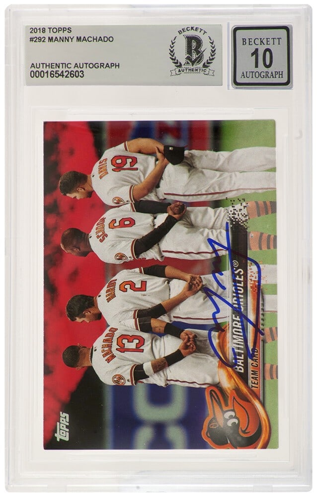 Beckett Auto 10 Manny Machado 2018 Topps 292 Orioles Autograph Card: Beckett Auto 10 Manny Machado 2018 Topps 292 Orioles Autograph Card Signed 2018 Topps baseball trading card #292 featuring Manny Machado with the Baltimore Orioles. Authenticated and encapsulated by B