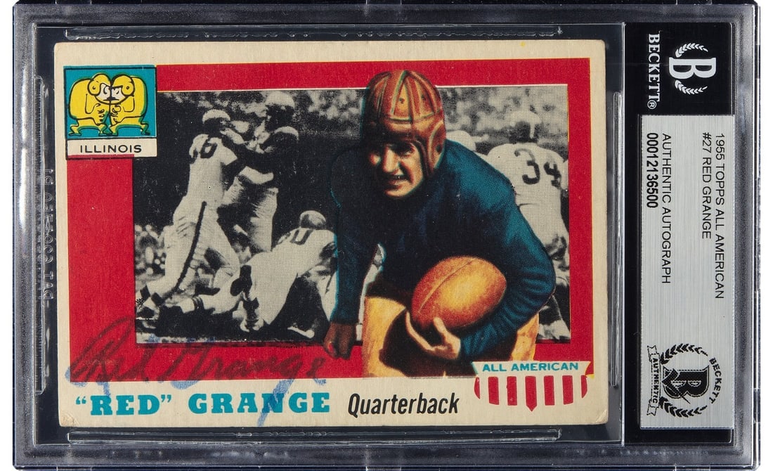 BGS BAS authenticated autographed 1955 Topps All American 27 Red Grange card: BGS BAS authenticated autographed 1955 Topps All American 27 Red Grange card Signed 1955 Topps All-American #27 football card featuring Red Grange. The card is encapsulated as BGS Authentic and includ