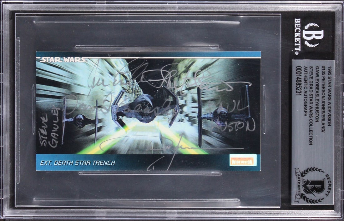 Six-Signature 1995 Star Wars Widevision 105 Card Beckett Authenticated Slabbed: Six-Signature 1995 Star Wars Widevision 105 Card Beckett Authenticated Slabbed This 1995 Star Wars Widevision #105 trading card is an original collectible, personally signed by Lorne Peterson, Jonatha