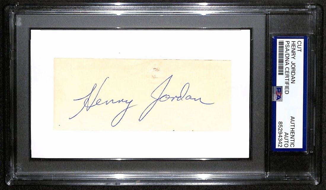 Henry Jordan HOF Signed Cut 3x5 Card Green Bay Packers PSA/DNA: Henry Jordan HOF Signed Cut 3x5 Card Green Bay Packers PSA/DNA This is an original Henry Jordan Hall of Fame (HOF) signed cut on a 3x5 card, representing the Green Bay Packers. The item features the a