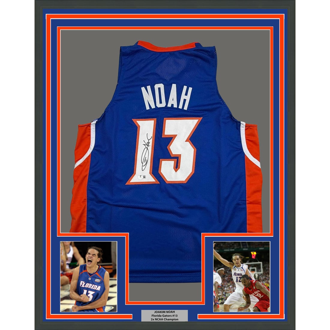 Joakim Noah Signed Florida Jersey Display 35x39 Beckett Framed With Photos: Joakim Noah Signed Florida Jersey Display 35x39 Beckett Framed With Photos This framed Florida Gators blue jersey features the autograph of Joakim Noah. The jersey is professionally framed and matted,