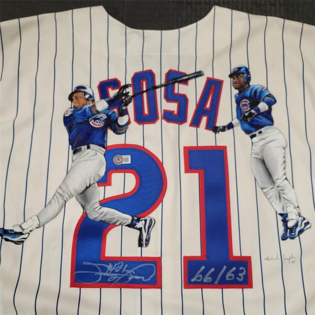 Sammy Sosa 1/1 Signed Chicago Cubs Jersey with BAS Authentication: Sammy Sosa 1/1 Signed Chicago Cubs Jersey with BAS Authentication This authentic Chicago Cubs jersey, featuring the iconic number "66/63" painted design, is signed by the legendary player Sammy Sosa. 