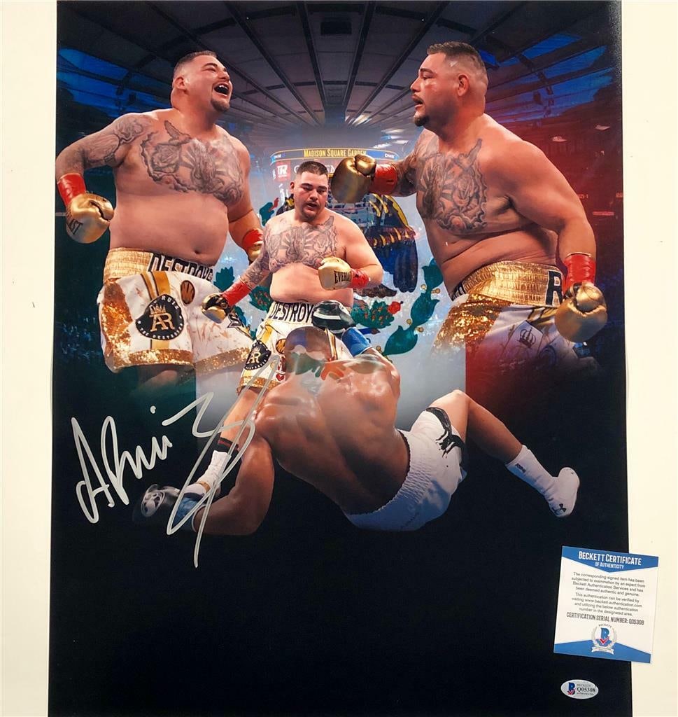 Andy Ruiz Jr autographed 16x20 boxing photo collage with Beckett authentication: Andy Ruiz Jr autographed 16x20 boxing photo collage with Beckett authentication This is an original 16x20 photo collage signed by Mexican boxing champion Andy Ruiz Jr. The autograph has been authentic