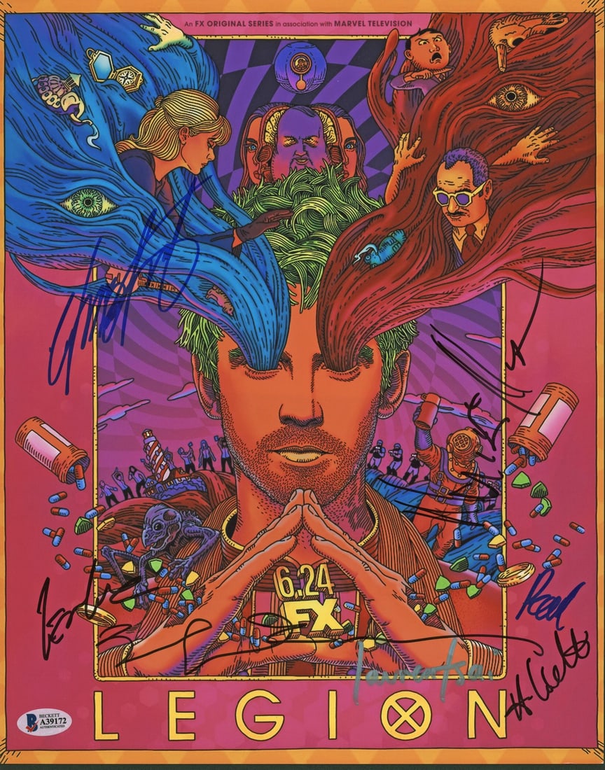 11x14 Legion Photo Signed by Tsai Midthunder Dickson Sienkiewicz Beckett: 11x14 Legion Photo Signed by Tsai Midthunder Dickson Sienkiewicz Beckett Original 11x14 photograph from Legion, signed by Lauren Tsai, Amber Midthunder, Pearl Amand Dickson, and Bill Sienkiewicz. The 