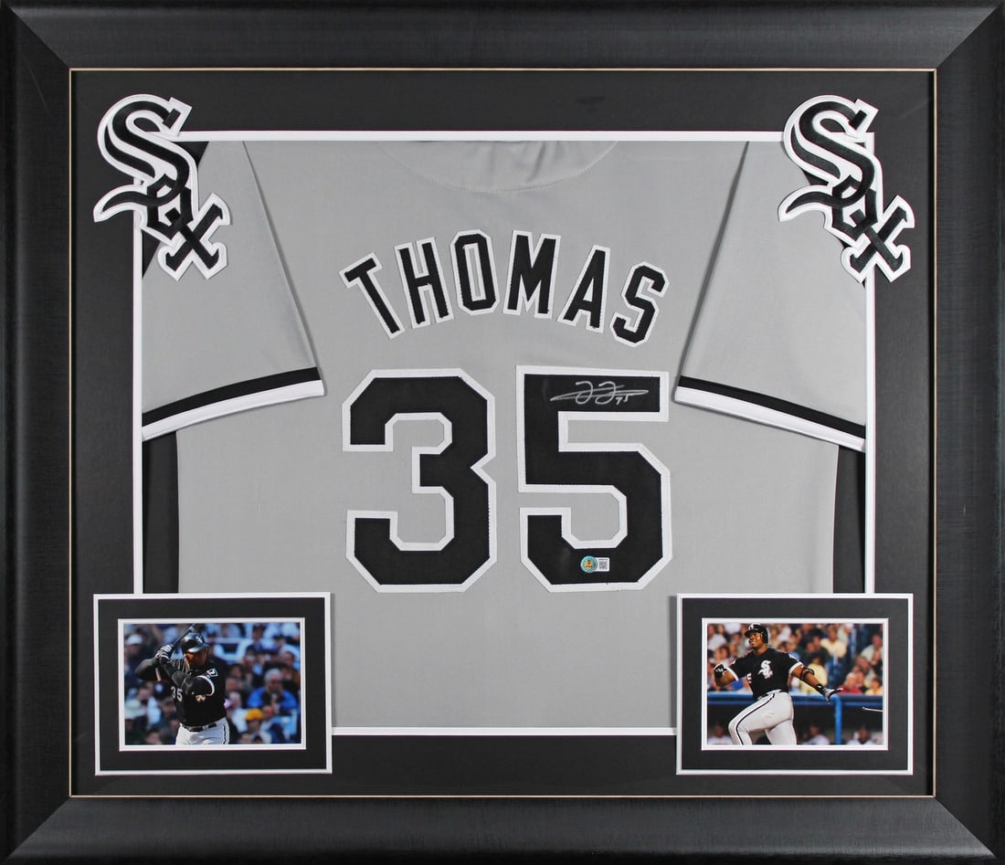 Frank Thomas signed Chicago White Sox framed jersey BAS witnessed: Frank Thomas signed Chicago White Sox framed jersey BAS witnessed This framed grey pro style jersey has been personally signed by Frank Thomas of the Chicago White Sox. The autograph was witnessed by 