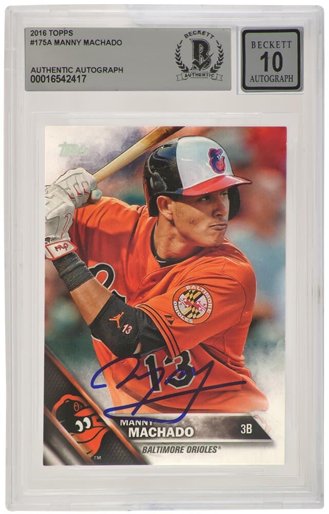 Beckett Auto 10 Manny Machado 2016 Topps 175 Orioles Autograph Card: Beckett Auto 10 Manny Machado 2016 Topps 175 Orioles Autograph Card Signed 2016 Topps baseball trading card #175 featuring Manny Machado of the Baltimore Orioles. The autograph is authenticated and en