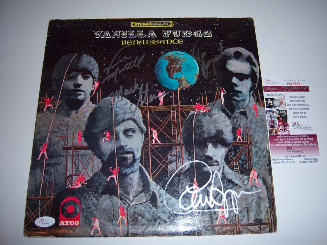 Signed Vanilla Fudge Renaissance LP with 4 JSA COA: Signed Vanilla Fudge Renaissance LP with 4 JSA COA This is an original LP record album of 'Renaissance' by Vanilla Fudge, featuring signatures from four individuals. The album comes with JSA/COA