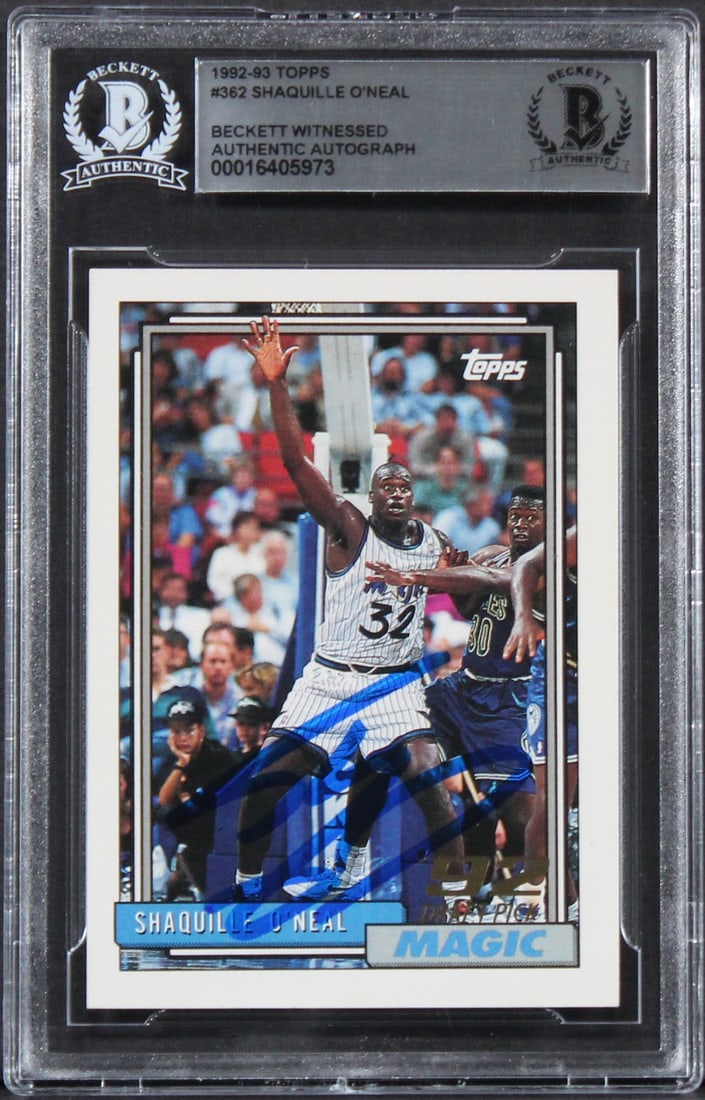 Shaquille O'Neal Signed 1992 Topps #362 Rookie Card Beckett Authenticated: Shaquille O'Neal Signed 1992 Topps #362 Rookie Card Beckett Authenticated This is an authentic autographed 1992 Topps #362 rookie card of basketball legend Shaquille O'Neal, featuring his signature on
