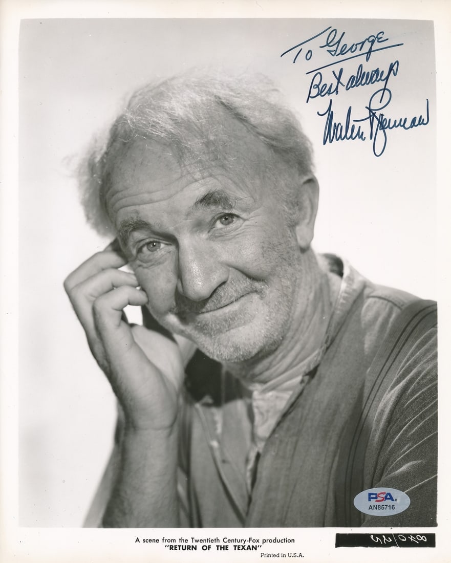 8x10 Walter Brennan signed inscribed photo Return of the Texan PSA DNA: 8x10 Walter Brennan signed inscribed photo Return of the Texan PSA DNA This is an original black and white 8x10 photograph signed and inscribed by Walter Brennan, related to "Return of the Texan." The