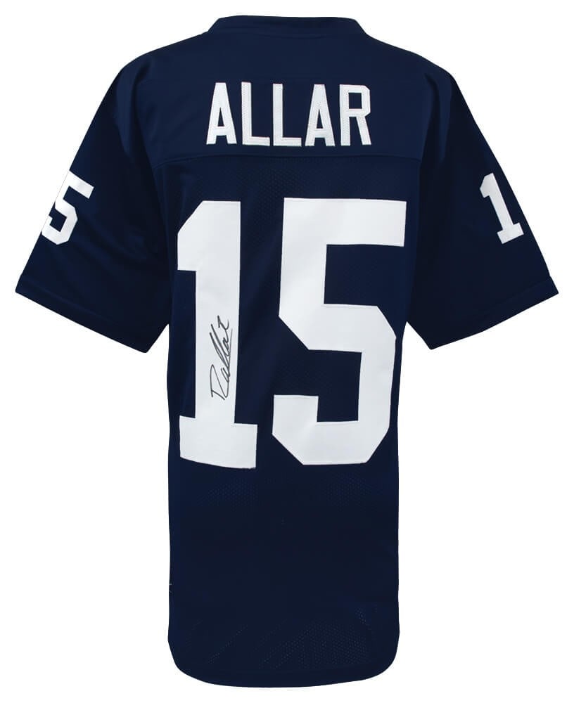 Navy Custom College Jersey Autographed by Drew Allar: Navy Custom College Jersey Autographed by Drew Allar This navy custom college football jersey is hand-signed by Drew Allar of the Penn State Nittany Lions. The jersey comes with a tamper-proof numbere