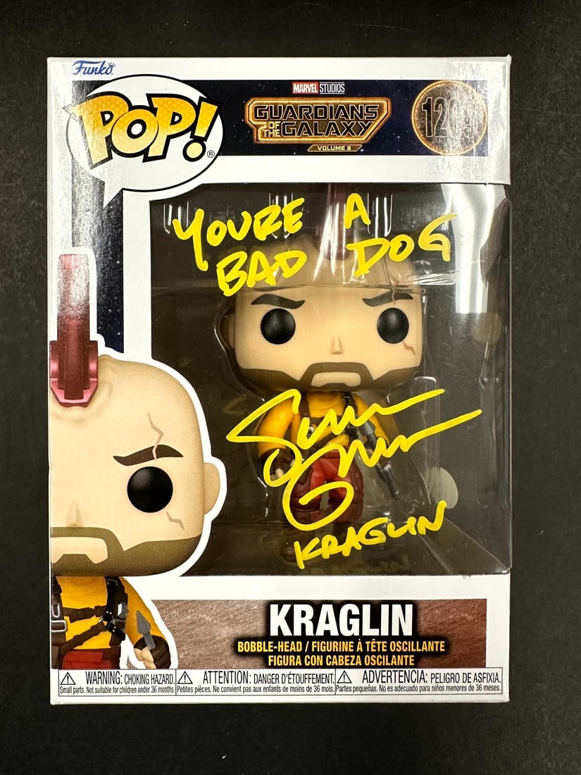 Sean Gunn Autographed Kraglin Funko Pop Guardians of the Galaxy JSA: Sean Gunn Autographed Kraglin Funko Pop Guardians of the Galaxy JSA This unique collectible features a Funko Pop! figure of Kraglin from the movie "Guardians of the Galaxy: Volume 3." The figure is si