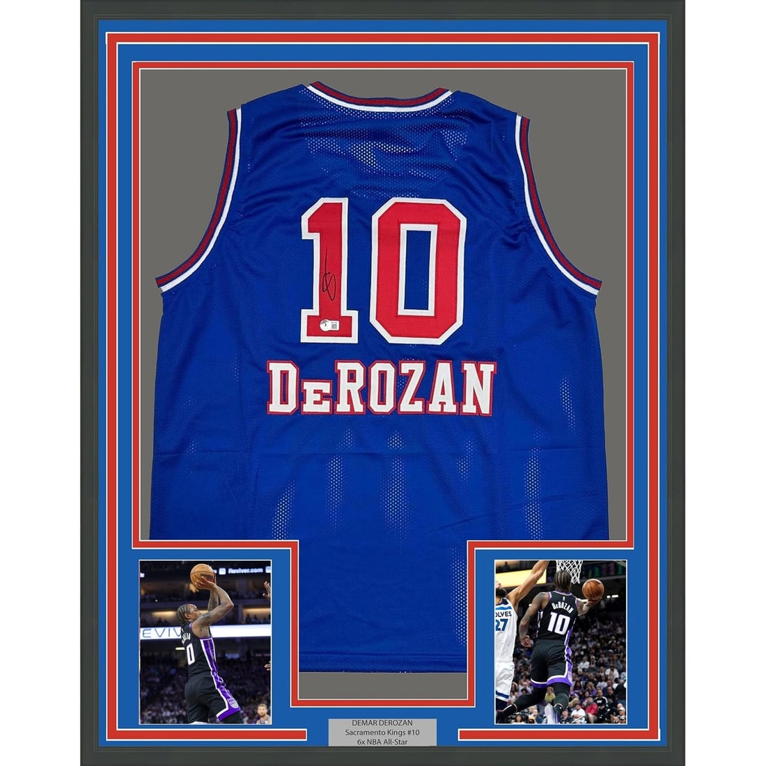 35x39 Framed DeMar DeRozan Signed Sacramento Kings Blue Jersey JSA: 35x39 Framed DeMar DeRozan Signed Sacramento Kings Blue Jersey JSA Professionally framed DeMar DeRozan signed blue KC retro jersey display. This original autographed basketball jersey is matted with t