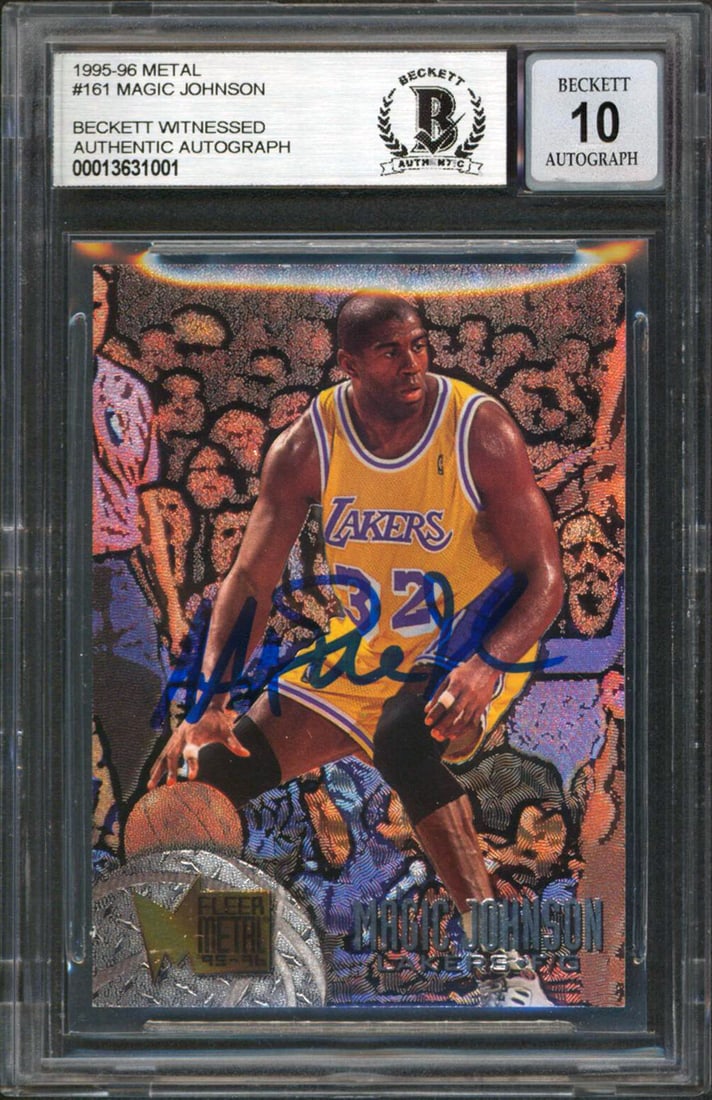 Magic Johnson Autographed 1995 Metal #161 Card Graded Mint 10 Beckett: Magic Johnson Autographed 1995 Metal #161 Card Graded Mint 10 Beckett This 1995 Metal #161 basketball card is a highly sought-after collectible featuring the iconic Magic Johnson, personally signed by