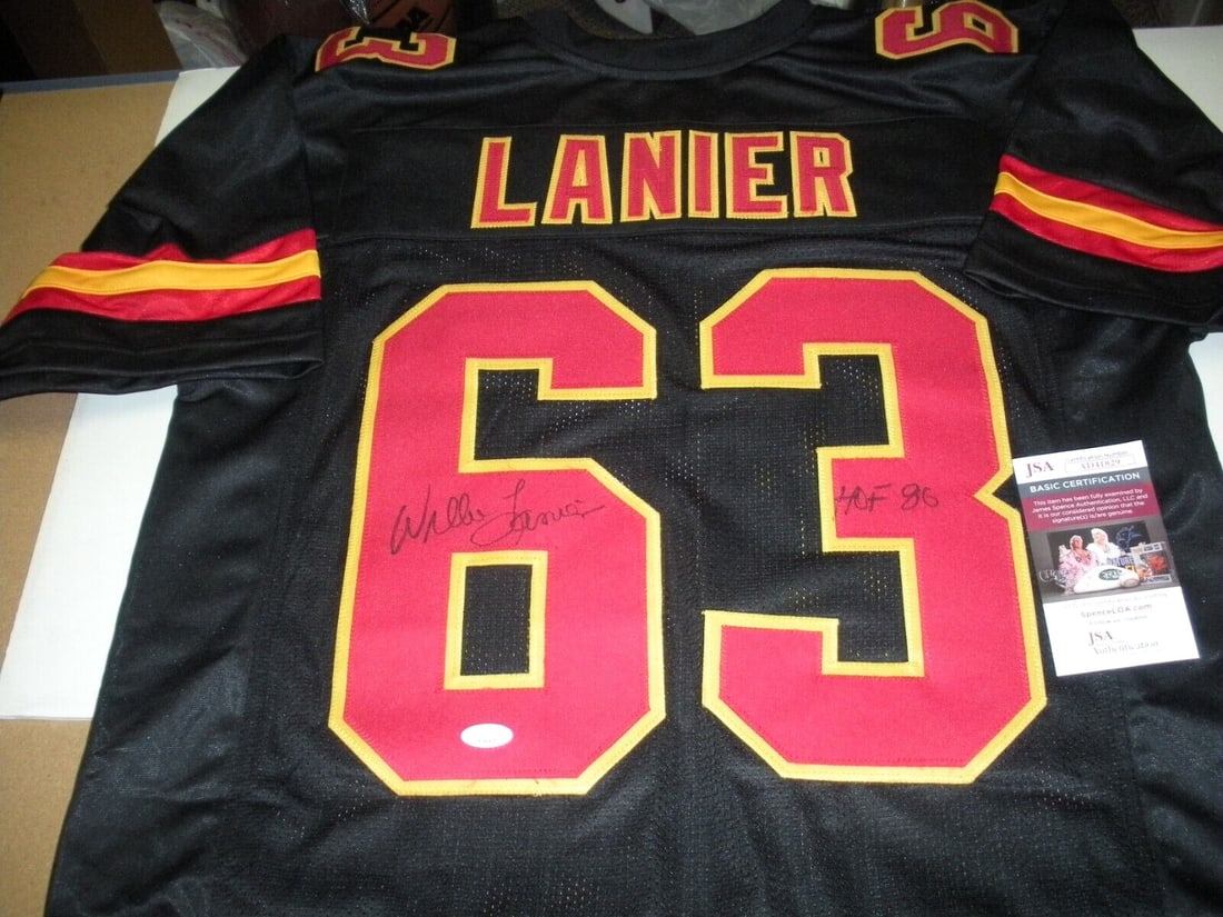 Signed Willie Lanier Kansas City Chiefs HOF 1986 Jersey With JSA COA: Signed Willie Lanier Kansas City Chiefs HOF 1986 Jersey With JSA COA This is a pre-owned Kansas City Chiefs jersey signed by Hall of Famer Willie Lanier. The jersey is an original item and comes with 