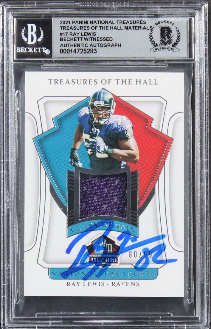 Ray Lewis Autographed 2021 Panini National Treasures #17 #80/99 Gem Mint 10 Beckett Slab: Ray Lewis Autographed 2021 Panini National Treasures #17 #80/99 Gem Mint 10 Beckett Slab This 2021 Panini National Treasures #17 #80/99 card features a stunning autograph from NFL legend Ray Lewis of 