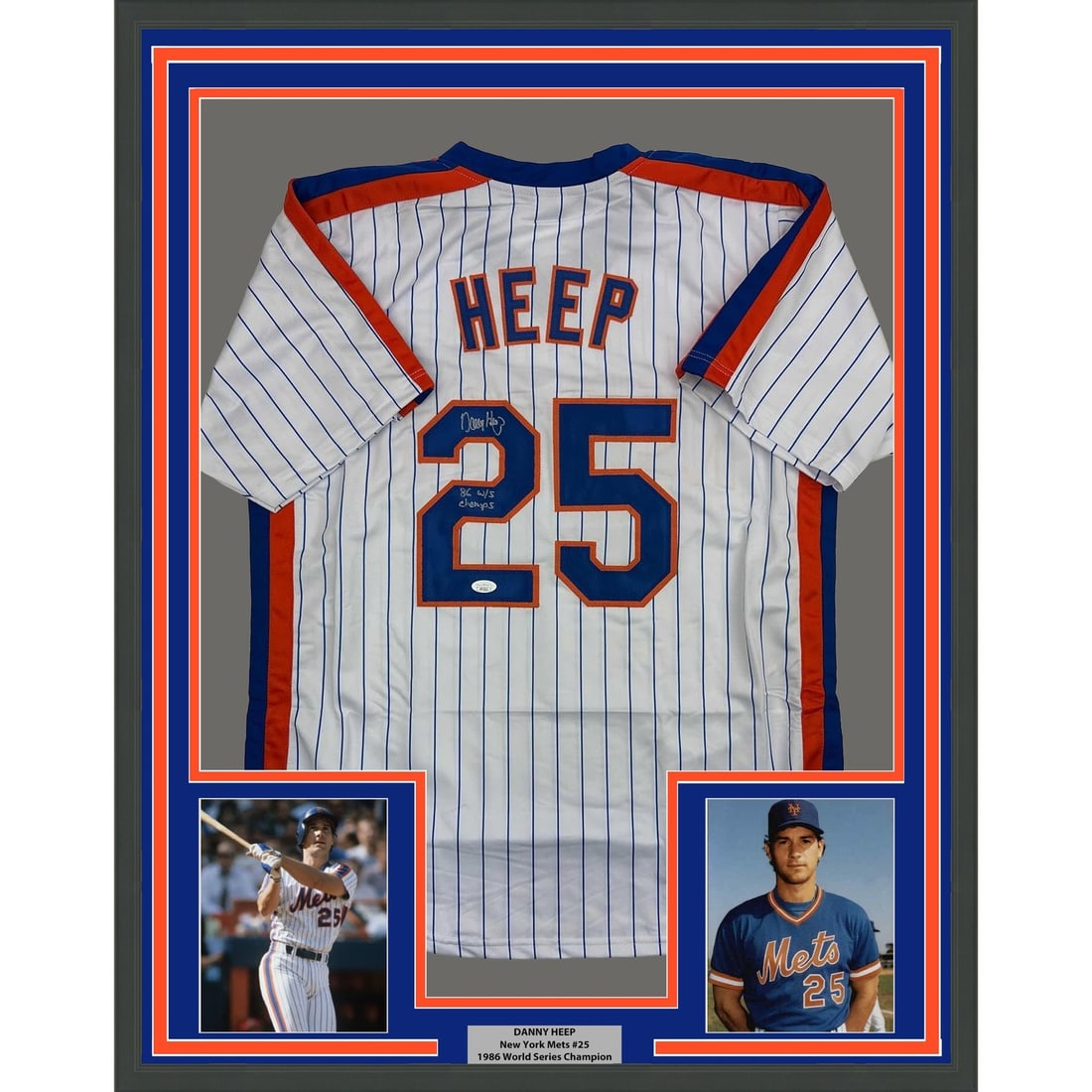Danny Heep autographed framed baseball jersey 35x39 JSA authenticated: Danny Heep autographed framed baseball jersey 35x39 JSA authenticated Professionally framed and matted signed Danny Heep pinstripe jersey display featuring two 5x7 photos. This original autographed ba