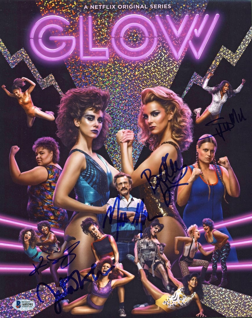 Glow cast signed 11x14 poster BAS authenticated: Glow cast signed 11x14 poster BAS authenticated This 11x14 photo features authentic signatures from Marc Maron, Kia Stevens, Betty Gilpin, Sydelle Noel, and Jackie Tohn from Glow. The autographs have 