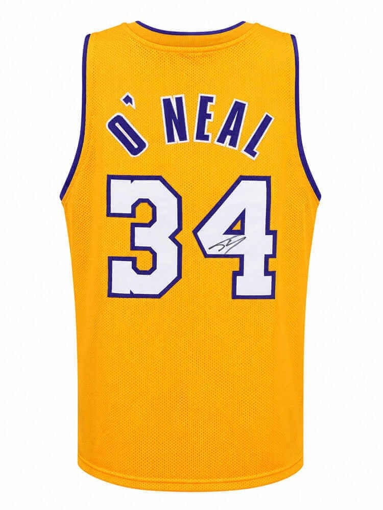 Los Angeles Lakers Gold Throwback Jersey Signed by Shaquille O'Neal: Los Angeles Lakers Gold Throwback Jersey Signed by Shaquille O'Neal Pre-owned gold throwback custom basketball jersey signed by Shaquille O'Neal. This original autographed jersey represents the Los An
