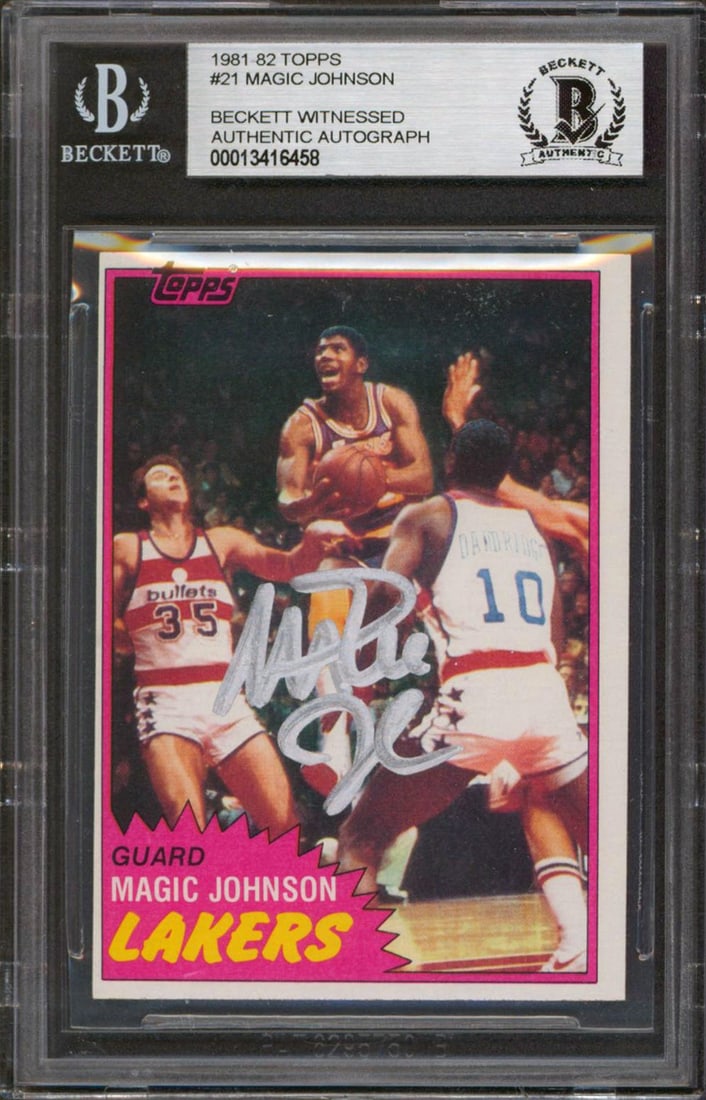 Magic Johnson Signed 1981 Topps #21 Card Los Angeles Lakers Beckett Authenticated: Magic Johnson Signed 1981 Topps #21 Card Los Angeles Lakers Beckett Authenticated This authentic 1981 Topps #21 card features the legendary Magic Johnson of the Los Angeles Lakers, personally signed