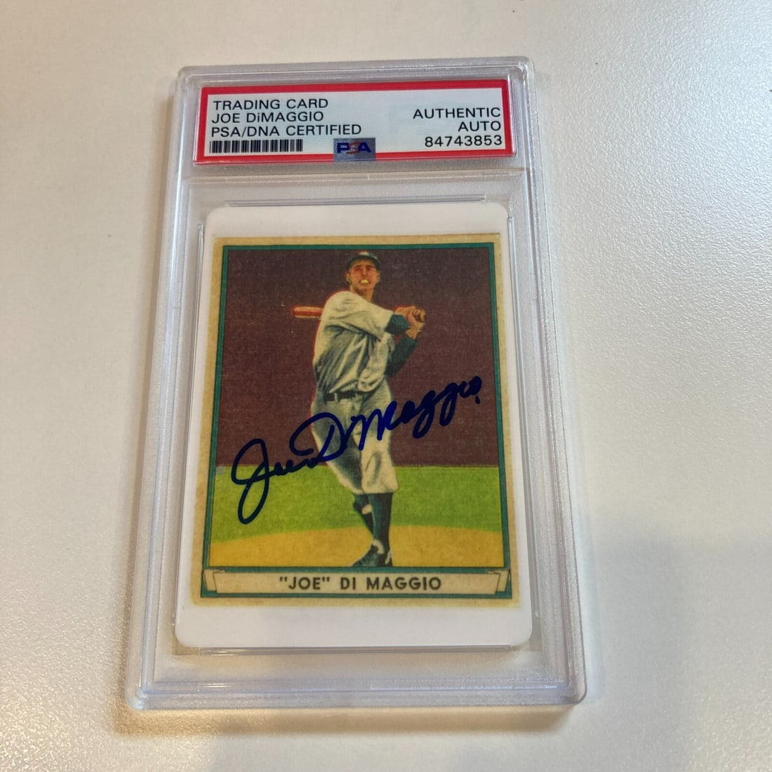 1941 Play Ball Joe Dimaggio Autographed Porcelain Baseball Card PSA: 1941 Play Ball Joe Dimaggio Autographed Porcelain Baseball Card PSA This 1941 Play Ball Joe Dimaggio Signed Porcelain Baseball Card is a remarkable collectible for any baseball enthusiast. Featuring