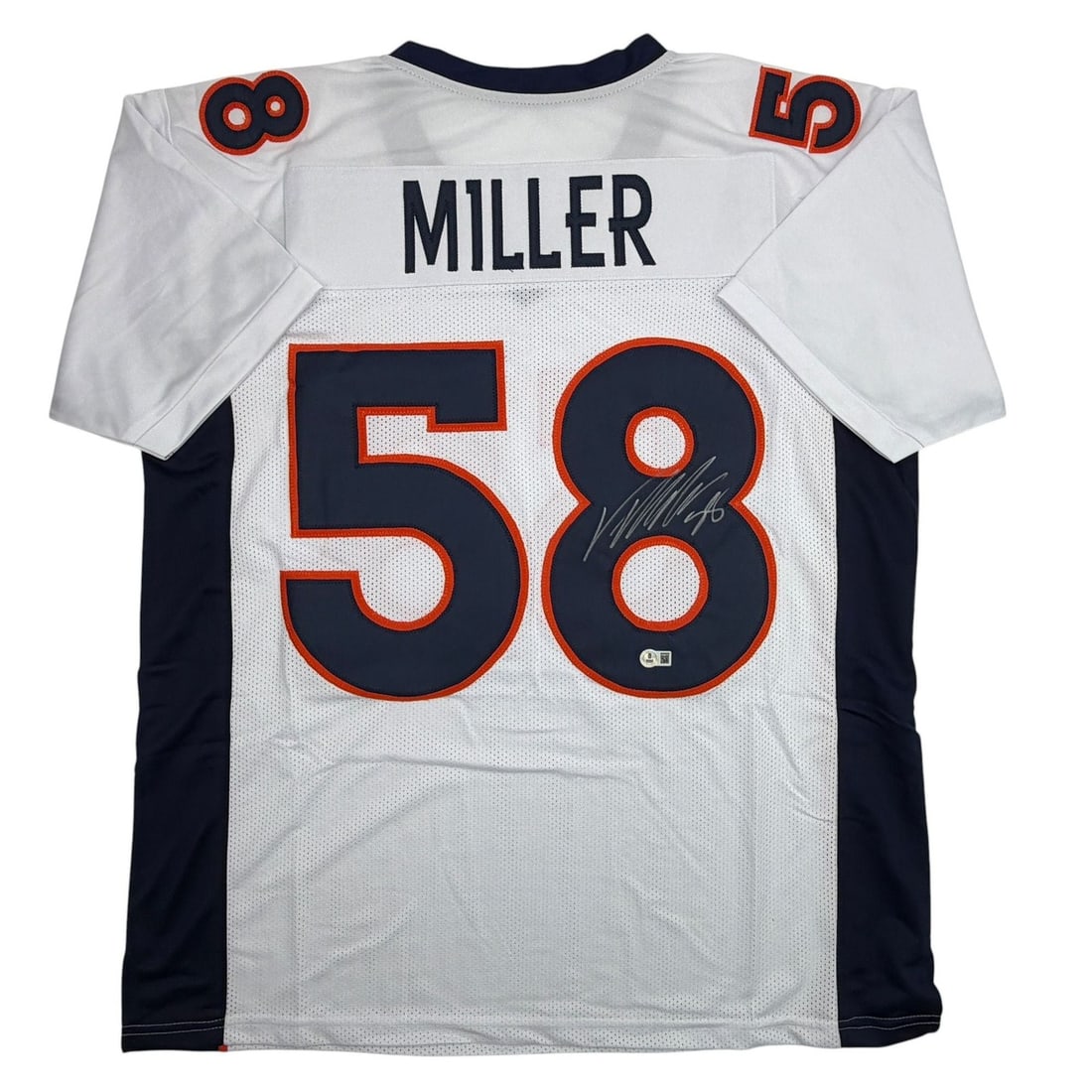 Beckett BAS certified Von Miller signed white football jersey XL: Beckett BAS certified Von Miller signed white football jersey XL Pre-owned white football jersey signed by Von Miller. This is an original autographed collectible with Beckett BAS authentication. The