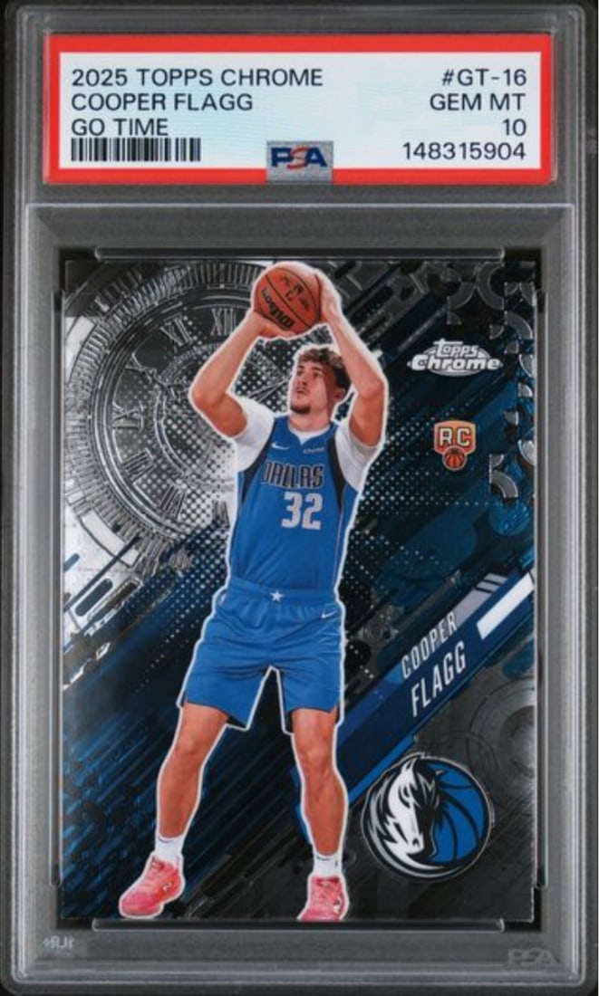 PSA 10 2025 Go Time Rookie Chrome Card Cooper Flagg Dallas Mavericks: PSA 10 2025 Go Time Rookie Chrome Card Cooper Flagg Dallas Mavericks This is an original 2025 Topps Chrome Cooper Flagg #GT16 Go Time Rookie RC card, graded PSA 10 Mint by Professional Sports Authenti