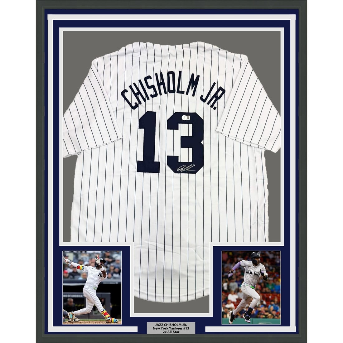 35x39 Framed Jazz Chisholm Jr Signed Yankees Pinstripe Jersey Beckett COA: 35x39 Framed Jazz Chisholm Jr Signed Yankees Pinstripe Jersey Beckett COA Professionally framed and matted autographed Jazz Chisholm Jr. NY pinstripe jersey. This original signed baseball collectible 