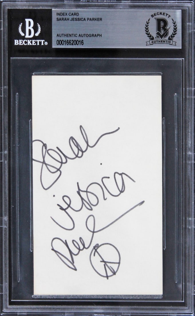 Sarah Jessica Parker Signed Sex And The City Peace 3x5 Index Card Beckett Authenticated: Sarah Jessica Parker Signed Sex And The City Peace 3x5 Index Card Beckett Authenticated This autographed 3x5 index card features the inscription "Peace sign" and has been personally signed by Sarah Je