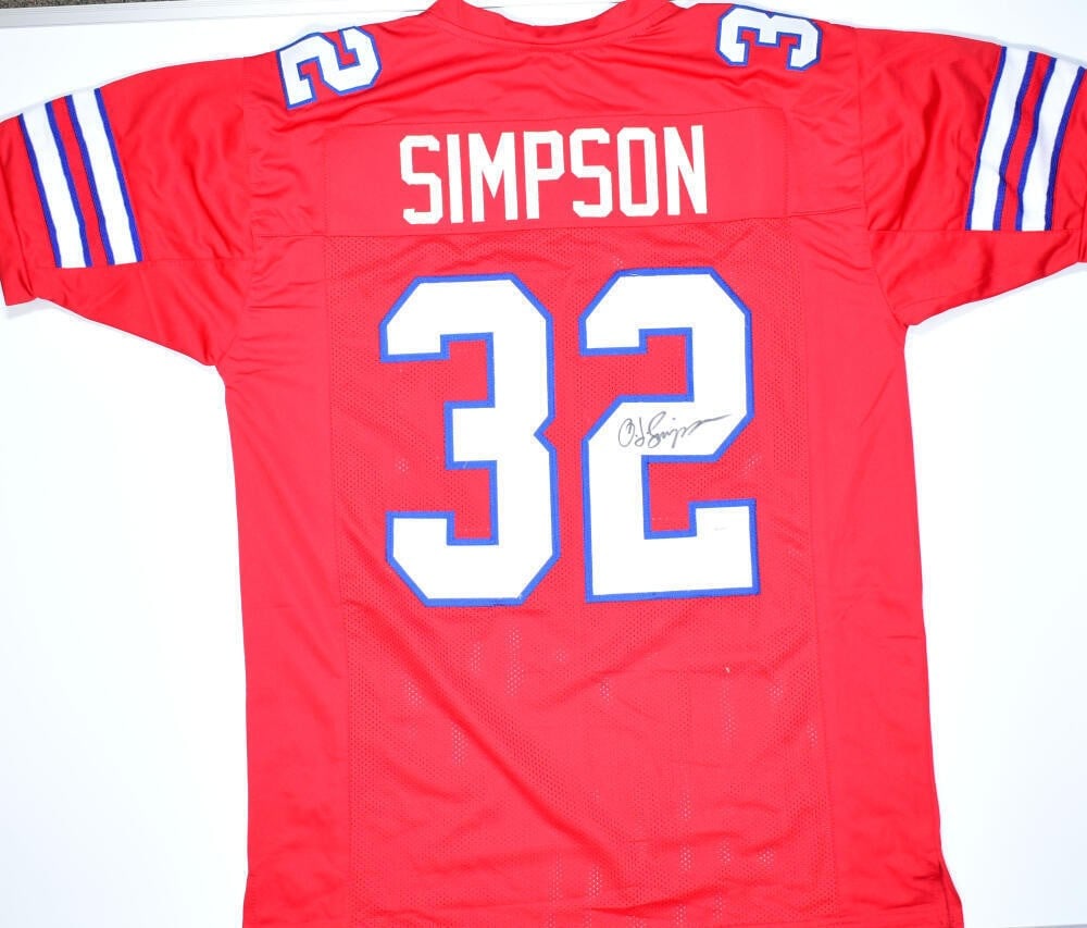 Buffalo Bills O.J. Simpson Signed Football Jersey JSA: Buffalo Bills O.J. Simpson Signed Football Jersey JSA Autographed red pro style football jersey featuring O.J. Simpson and the Buffalo Bills. The jersey is marked as original, signed, and pre-owned, w