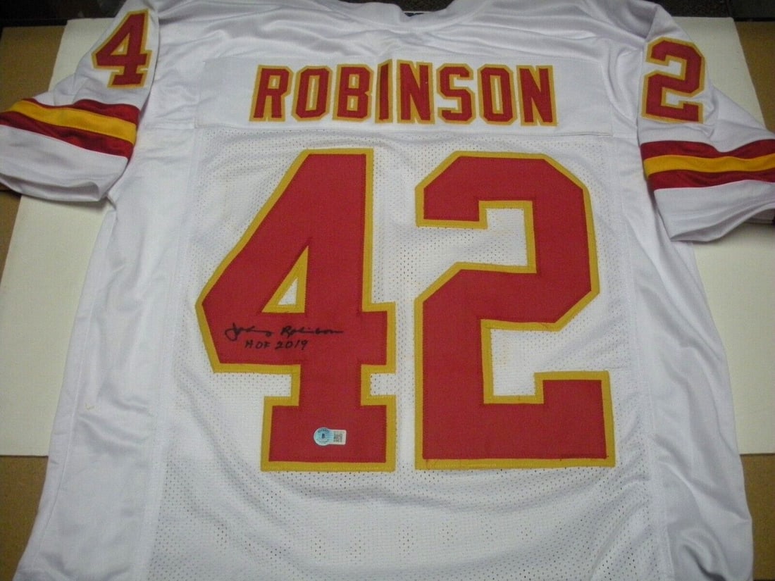 Signed Johnny Robinson Jersey Beckett COA Kansas City Chiefs LSU Tigers HOF 19: Signed Johnny Robinson Jersey Beckett COA Kansas City Chiefs LSU Tigers HOF 19 This is a pre-owned Kansas City Chiefs jersey signed by Johnny Robinson, who is also associated with the LSU Tigers. The 