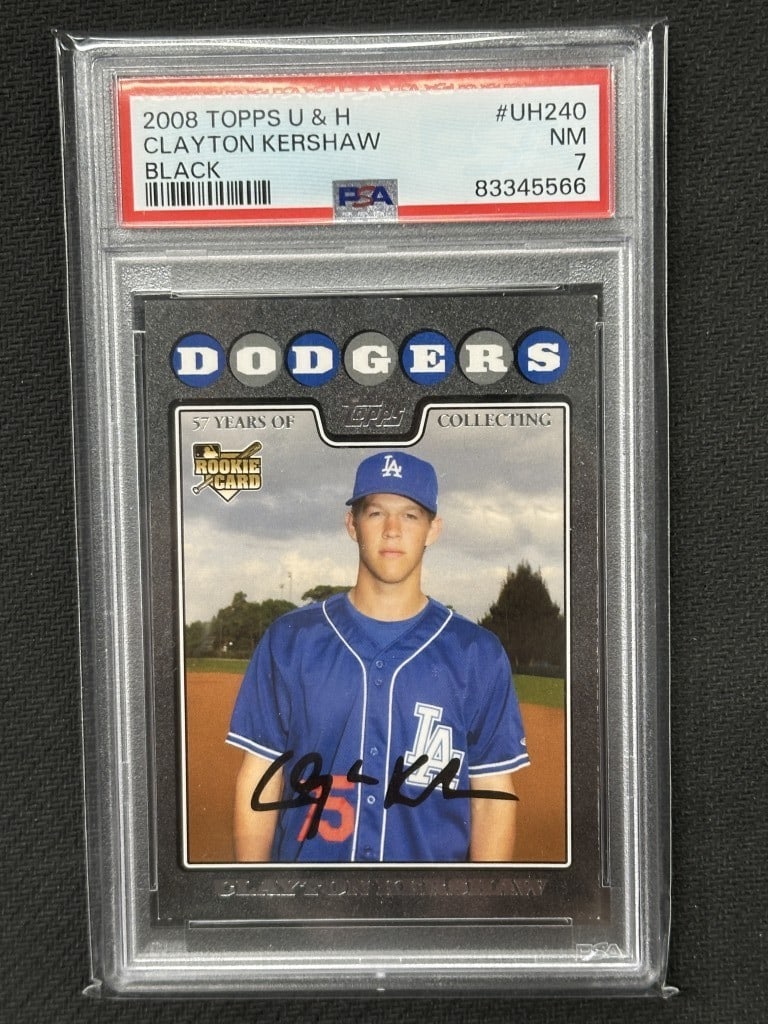 Clayton Kershaw 2008 Topps Update Black Rookie Card PSA 7 #UH240: Clayton Kershaw 2008 Topps Update Black Rookie Card PSA 7 #UH240 This is a 2008 Topps Update Black baseball card featuring Clayton Kershaw, the renowned Los Angeles Dodgers pitcher. This rookie card, 