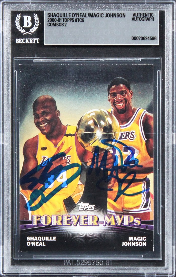 2000 Topps Chrome TC6 dual-signed Lakers card Beckett slabbed: 2000 Topps Chrome TC6 dual-signed Lakers card Beckett slabbed Autographed 2000 Topps Chrome Combos 2 #TC6 basketball card signed by Shaquille O'Neal and Magic Johnson. The card is slabbed by Beckett A