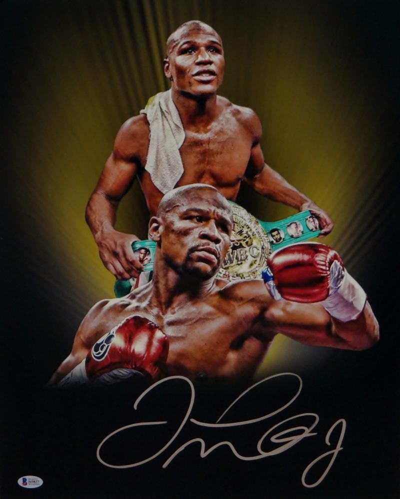 Autographed Floyd Mayweather 16x20 Boxing Photo with Belt Beckett: Autographed Floyd Mayweather 16x20 Boxing Photo with Belt Beckett This pre-owned photo features a double image of Floyd Mayweather with a belt. It is signed and comes with Beckett authentication. The 