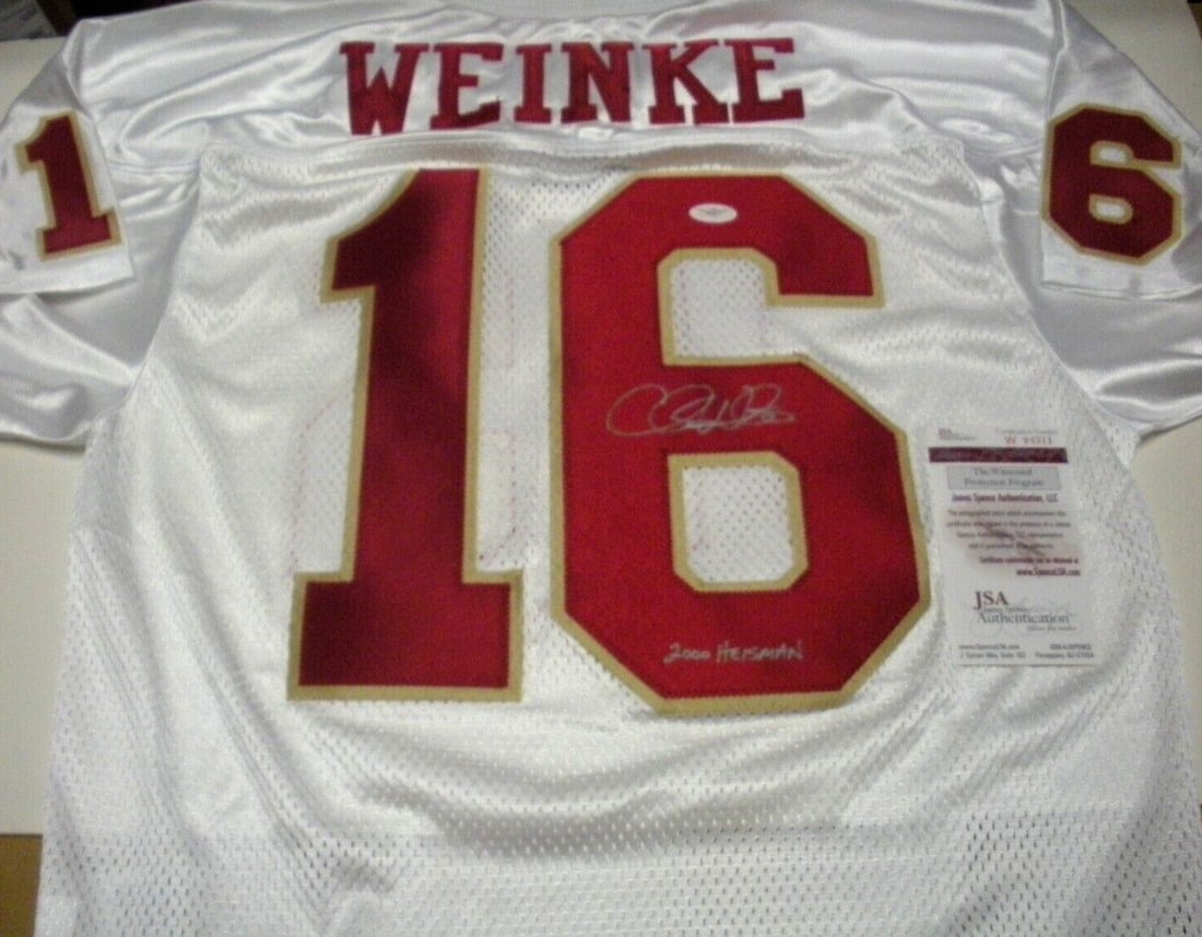 Nike Florida State Seminoles Jersey Signed by Chris Weinke with JSA COA: Nike Florida State Seminoles Jersey Signed by Chris Weinke with JSA COA This official licensed Nike jersey features the signature of Chris Weinke, a notable player for the Florida State Seminoles. The