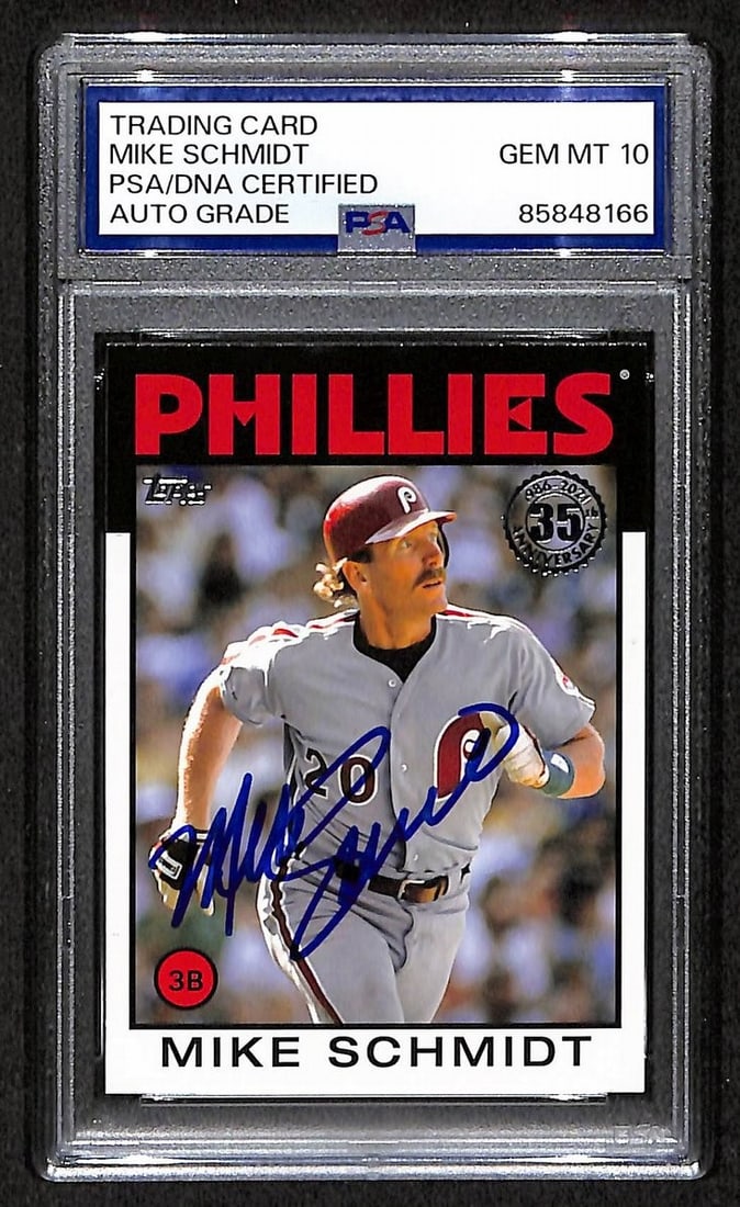 PSA DNA 10 Autographed Mike Schmidt 2021 Topps 86B-46 Phillies HOF Photo: PSA DNA 10 Autographed Mike Schmidt 2021 Topps 86B-46 Phillies HOF Photo Original Mike Schmidt 2021 Topps card #86B-46 featuring the Phillies Hall of Famer, signed and graded PSA/DNA 10. Pre-owned ite