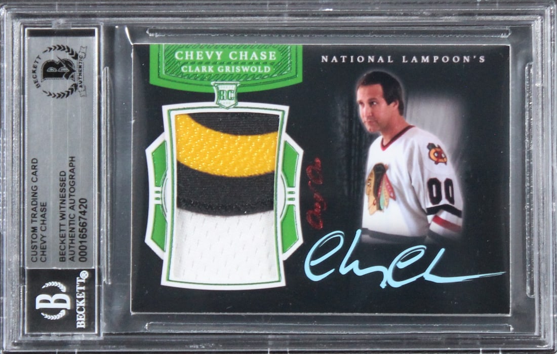 Chevy Chase Signed Relic Card One of One National Lampoon Christmas Vacation BAS Authenticated: Chevy Chase Signed Relic Card One of One National Lampoon Christmas Vacation BAS Authenticated This one-of-a-kind relic card features the autograph of Chevy Chase, renowned for his role in the classic