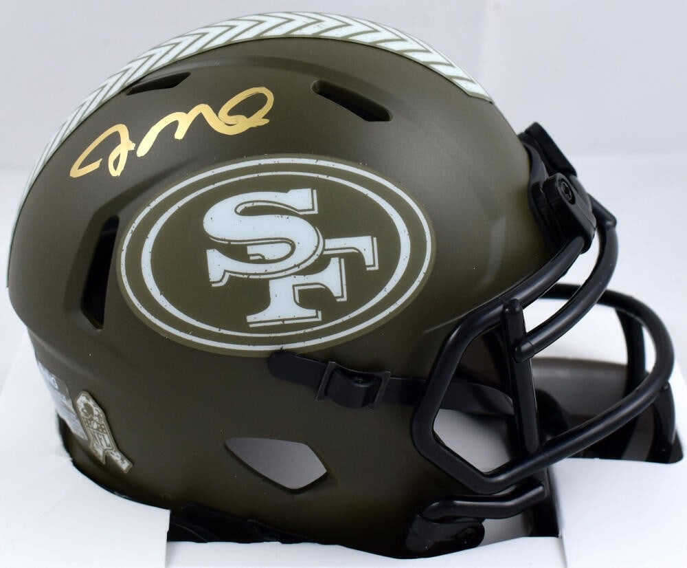 Joe Montana signed 49ers Salute to Service mini helmet Fanatics: Joe Montana signed 49ers Salute to Service mini helmet Fanatics Autographed San Francisco 49ers Speed mini helmet featuring Joe Montana. The item is marked Original and is described as pre-owned. Spec