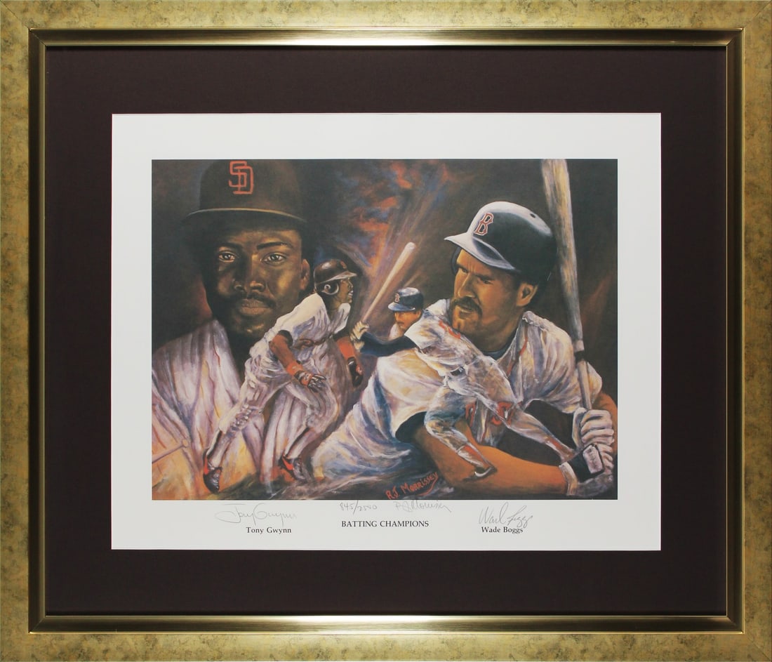 Tony Gwynn Wade Boggs R.J. Morrissey Signed 19x24 Framed Lithograph Beckett Authenticated: Tony Gwynn Wade Boggs R.J. Morrissey Signed 19x24 Framed Lithograph Beckett Authenticated This stunning 19x24 framed lithograph features the autographs of baseball legends Tony Gwynn and Wade Boggs, a
