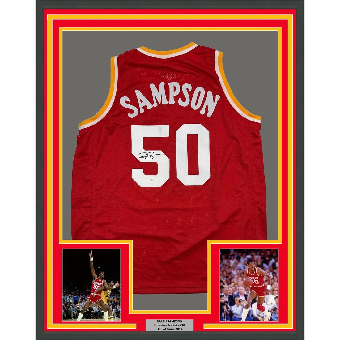Ralph Sampson signed Houston Rockets framed red jersey JSA 35x39 (1 of 2)