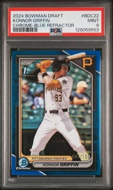 PSA 9 Konnor Griffin BDC22 Blue Refractor /150 Bowman Draft Rookie Card: PSA 9 Konnor Griffin BDC22 Blue Refractor /150 Bowman Draft Rookie Card Graded Konnor Griffin Bowman Draft sports trading card featuring the Blue Refractor parallel. This pre-owned card is encapsulate