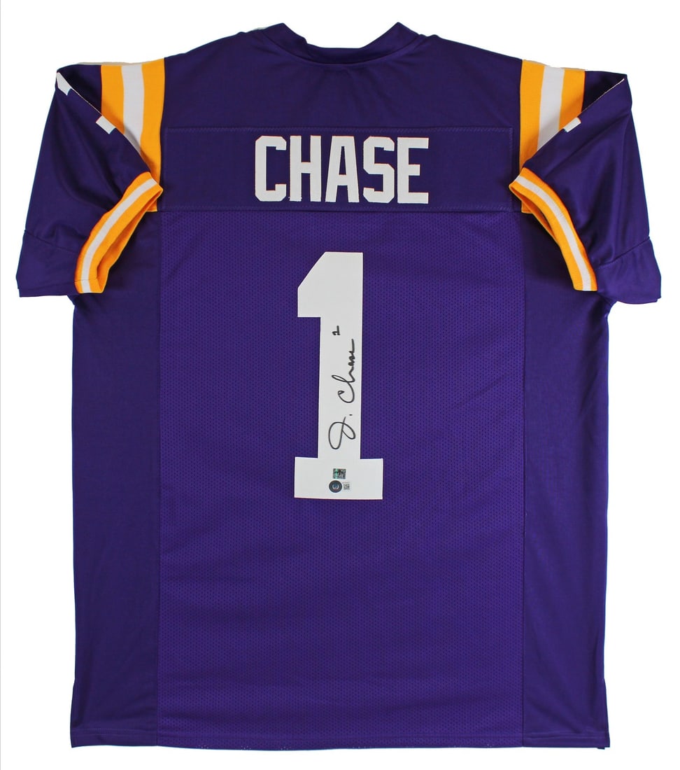 Ja'Marr Chase Signed Purple LSU Pro Style Jersey with Beckett Authentication: Ja'Marr Chase Signed Purple LSU Pro Style Jersey with Beckett Authentication This authentic purple pro style jersey has been personally signed by Ja'Marr Chase, the star player of the Louisiana State 