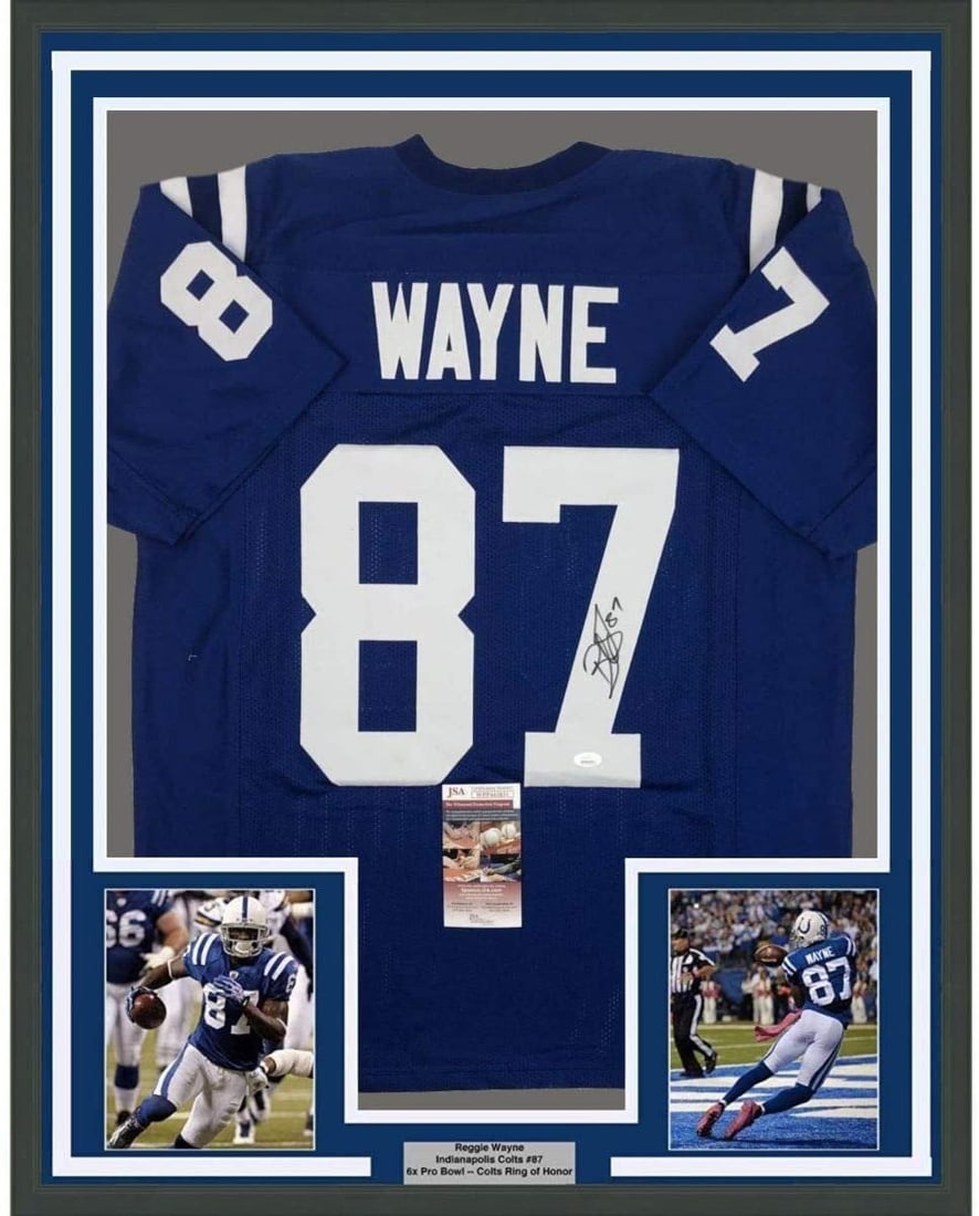 Reggie Wayne autographed framed Colts blue jersey 35x39 with JSA COA (1 of 2)