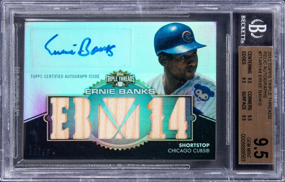 2012 Topps Triple Threads Ernie Banks Autographed Bat Card BGS 9.5 PSA Authenticated 05/18: 2012 Topps Triple Threads Ernie Banks Autographed Bat Card BGS 9.5 PSA Authenticated 05/18 This 2012 Topps Triple Threads Ernie Banks autographed relic card is a must-have for any baseball memorabilia