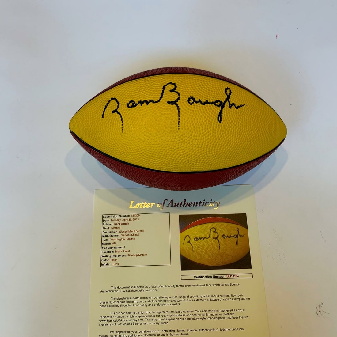 Sammy Baugh Signed Wilson Redskins Football JSA Authenticated: Sammy Baugh Signed Wilson Redskins Football JSA Authenticated This is an original Wilson football signed by NFL legend Sammy Baugh, complete with a James Spence Authentication (JSA) Certificate of Aut