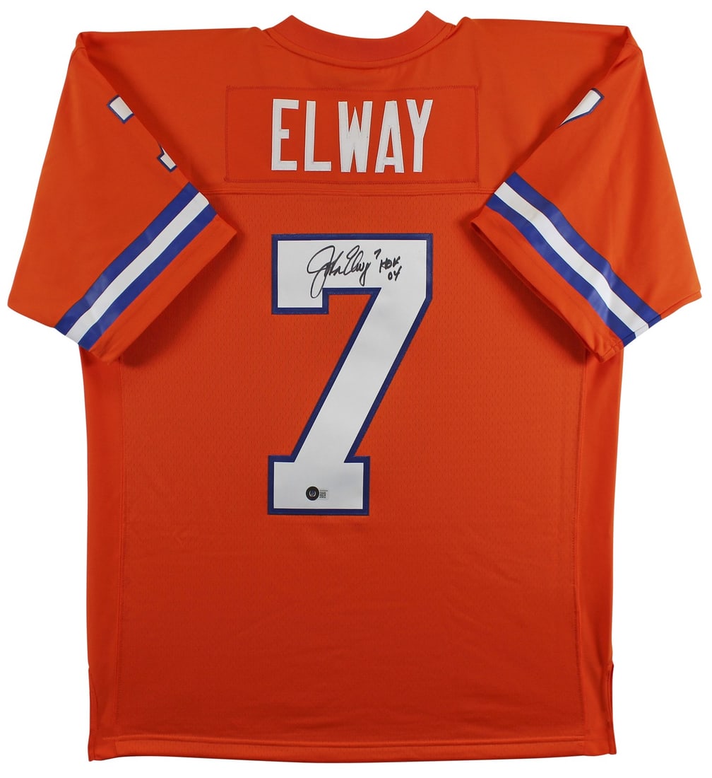 John Elway Signed Denver Broncos Orange Throwback Jersey HOF 04 BAS Authenticated: John Elway Signed Denver Broncos Orange Throwback Jersey HOF 04 BAS Authenticated Celebrate the legacy of John Elway with this signed orange 1990 Throwback Mitchell & Ness jersey from the Denver Bronc