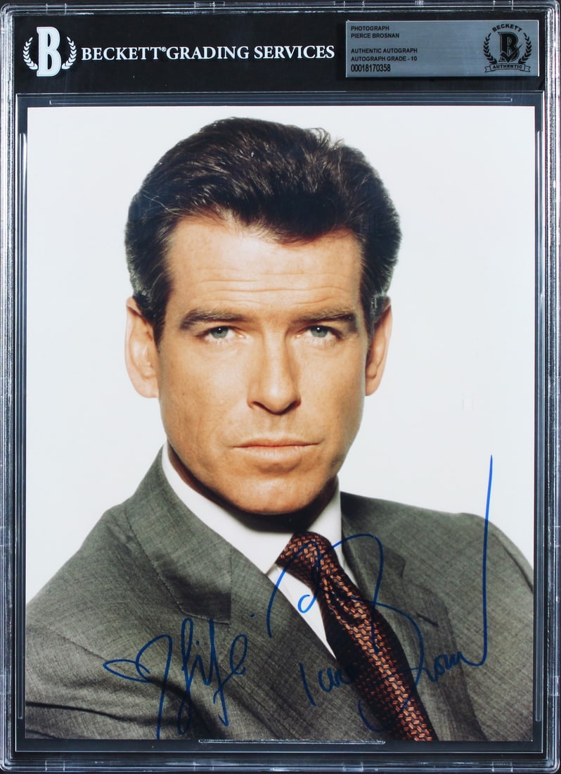 Pierce Brosnan James Bond Signed 8x10 Photo Gem Mint 10 Beckett Authenticated: Pierce Brosnan James Bond Signed 8x10 Photo Gem Mint 10 Beckett Authenticated This authentic 8x10 photograph features the signature of Pierce Brosnan, renowned for his role as James Bond. Graded Gem M