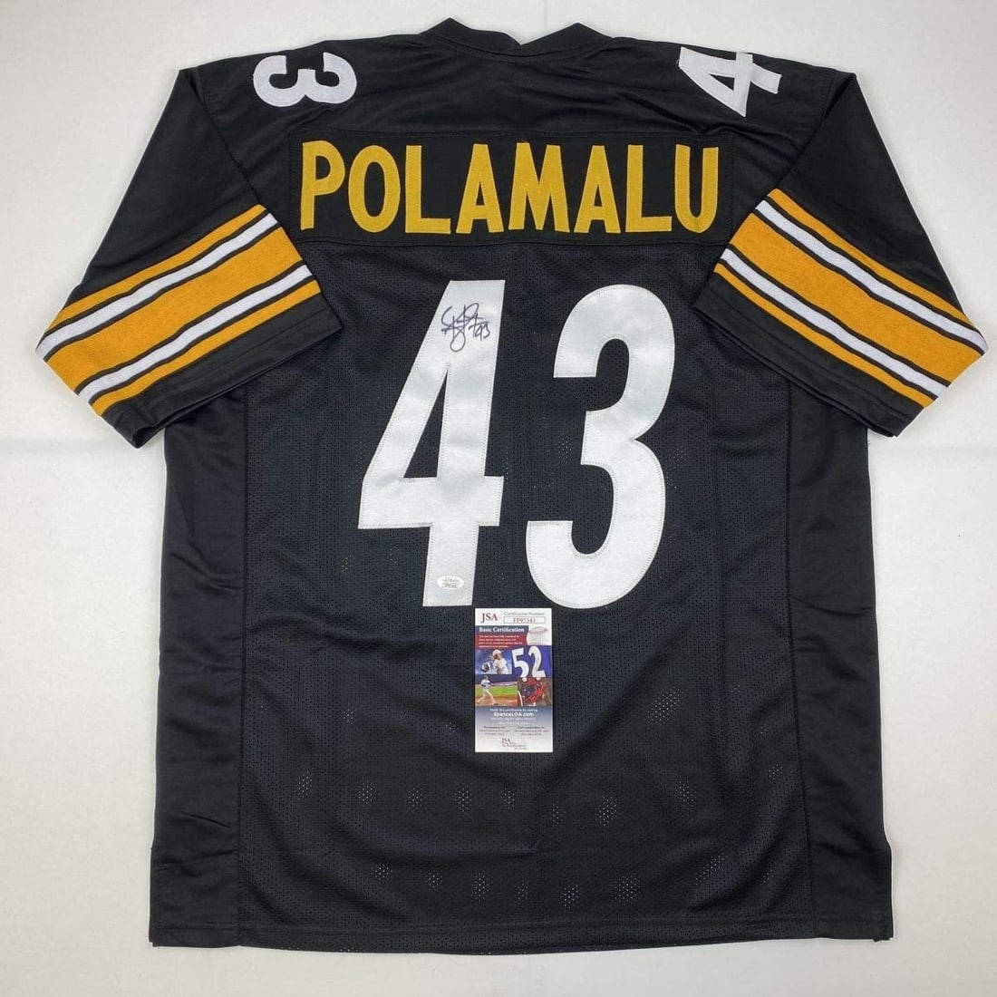 Troy Polamalu Signed Black Football Jersey JSA Certified XL: Troy Polamalu Signed Black Football Jersey JSA Certified XL Autographed Troy Polamalu black custom jersey with JSA authentication. This pre-owned collectible is signed by Troy Polamalu and features th