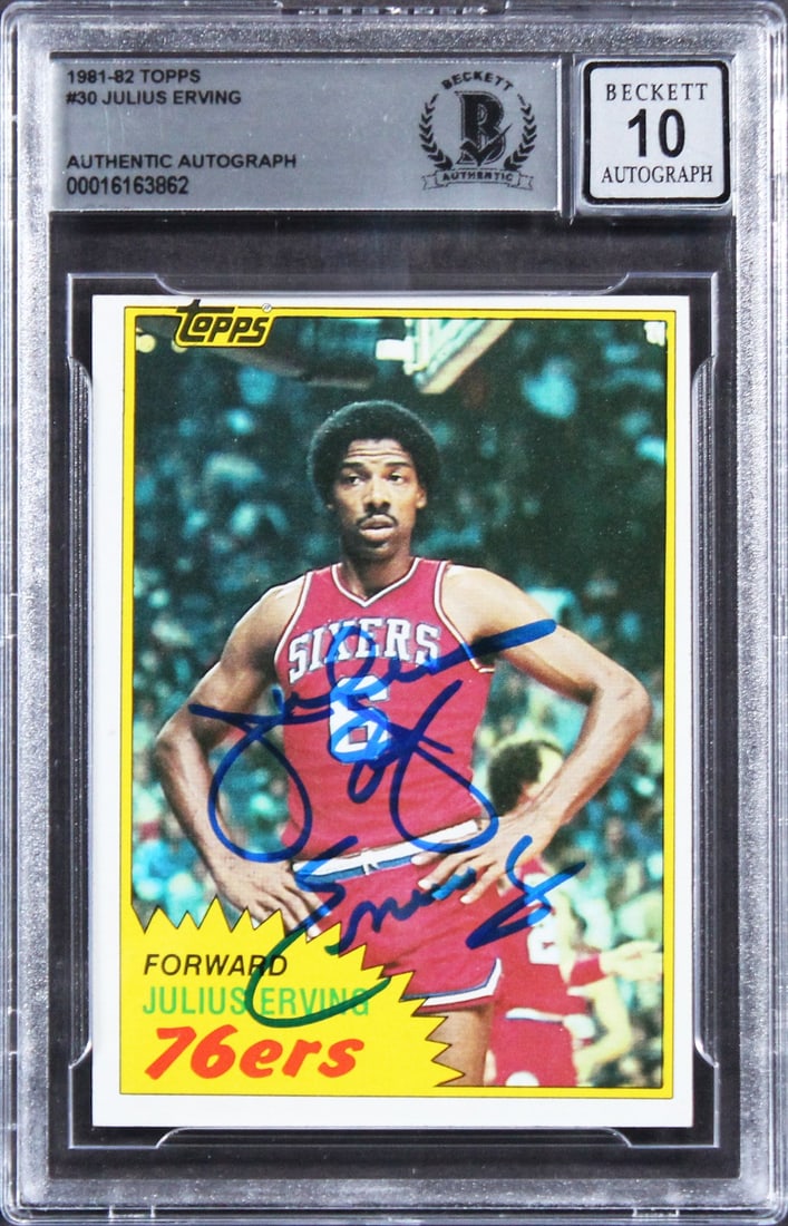 Julius Dr J Erving Signed 1981 Topps #30 Card Gem Mint 10 BAS: Julius Dr J Erving Signed 1981 Topps #30 Card Gem Mint 10 BAS Celebrate basketball history with this autographed 1981 Topps #30 card featuring the legendary Julius "Dr. J" Erving. Graded Gem Mint 10 b